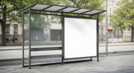 Clean blank billboard poster bus shelter glass side panel soft light photorealistic detail