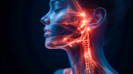 Trigeminal nerve with a highlighted area indicating pain, surrounded by educational text about trigeminal neuralgia symptoms and treatments