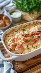 Gourmet lobster macaroni and cheese with creamy sauce and fresh herbs