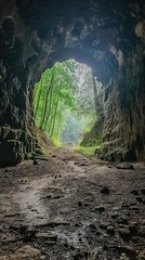 Exit of a  vaulted tunnel in nature. Underground river, view from inside the tunnel in the forest.