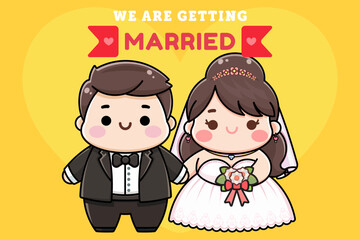 Wedding invitation card the bride and groom cute, Bride and groom standing on the wedding dress Bride holding flowers , We are getting married template card, Vector illustrator