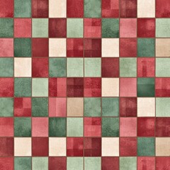 Checkerboard Pattern Red, Green, Beige Tiles, Abstract Geometric Composition, Textured Surface Tile pattern, geometric design