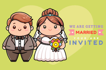 Wedding invitation card the bride and groom cute, Bride and groom standing on the wedding dress Bride holding flowers , We are getting married template card, Vector illustrator