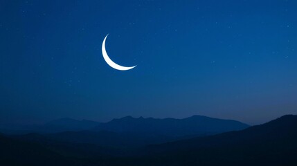 Naklejka premium Crescent Moon over Silhouetted Mountains Night Sky Landscape Photography, Night photography, moon