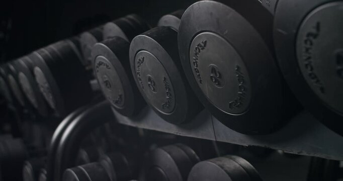 Rows of various-sized dumbbells neatly aligned on racks, capturing the essence of an intense, focused workout environment with a dark, moody ambiance. Assortment of Dumbbells on Racks