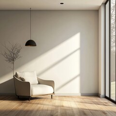 A minimalist living room with a beige armchair, wooden floors, and a large window.