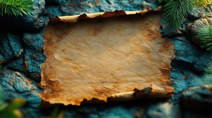 Ancient scroll on stone, nature backdrop