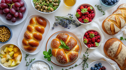 Break the fast meal celebrating Yom Kippur with traditional foods on a bright white background in a minimalistic style