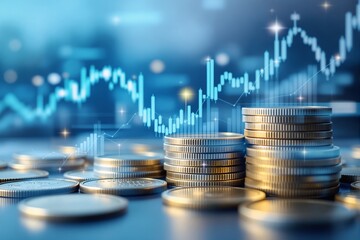Stacks of gold and silver coins in focus with glowing financial graph on blurred blue background. Concept of investment, market growth. Ai generative