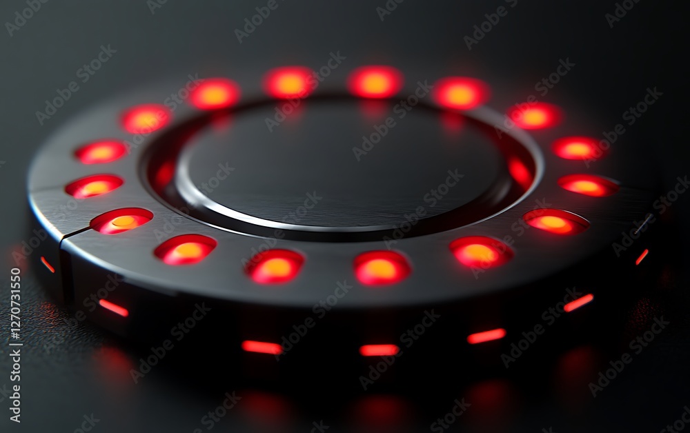Poster futuristic technological circular device with glowing red lights