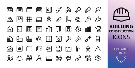Construction UI line icons. Set of construction materials and tools vector symbol with editable stroke.