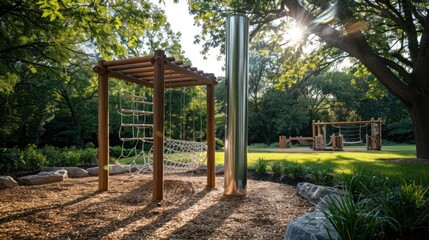 Serene Playground: Wooden Climbing Frame and Play Structure in a Lush Green Park