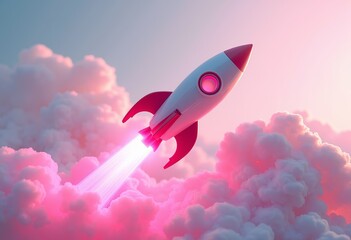 Futuristic Spacecraft: Pink Rocket Hologram on White Background, Sci-Fi Technology, High-Tech Visualization, Design Element for Space Exploration & Modern Concepts.

