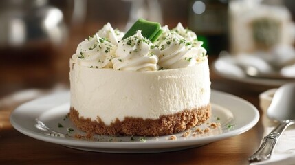 Delicious creamy cheesecake with crumbly crust and green garnish on white plate. National White Chocolate Cheesecake Day