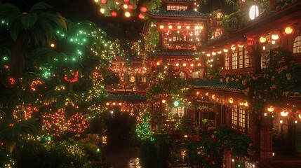 Obraz premium Illuminated Oriental Architecture with Festive Lights and Lush Greenery at Nighttime Wonder
