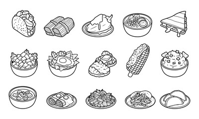 Various mexican foods outline vector illustration set