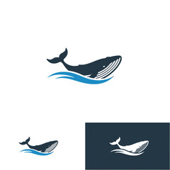 Stylized Whale Illustration Swimming In Blue Waves with Minimalistic Design