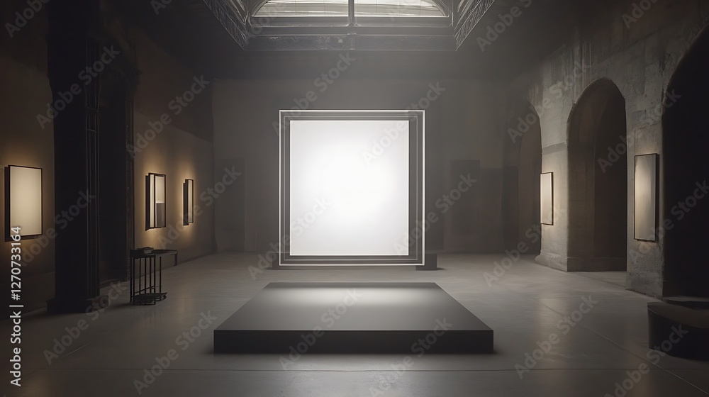 Poster empty gallery space with blank canvas, exhibition