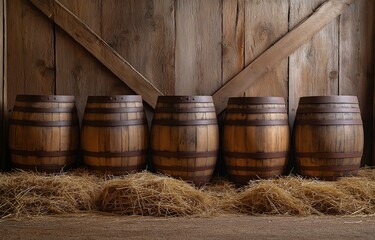 Straw is piled next to a row of old wooden barrels.