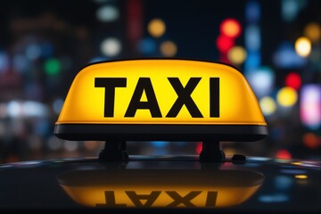 Yellow taxi sign glowing brightly at night on a vehicle, blurred city lights in the background, urban transport concept, nighttime atmosphere. Ai generative
