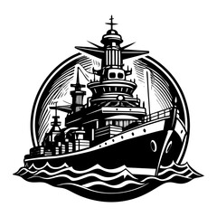 Majestic Vintage Warship Sailing on Ocean Waves Black and White Illustration