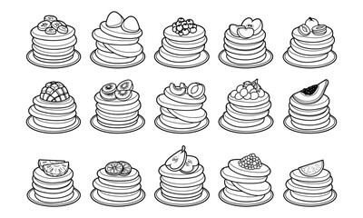Various pancakes outline vector illustration set
