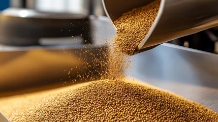 Close-up of mustard seeds being poured into a container in a food processing facility © chusnul