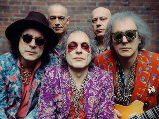 A colorful, vibrant photo of a five-member band, each with unique hairstyles and wearing floral-patterned suits. They pose confidently with sunglasses, exuding a psychedelic, rock vibe.