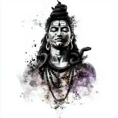 A digital painting depicts a figure believed to represent Lord Shiva, adorned with traditional jewelry and holding a trident. He stands amidst a swirling, cosmic background composed of colorful nebula
