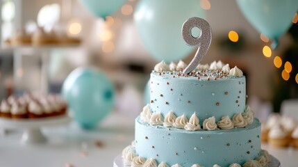 Ninth birthday party celebration with blue cake and decorations