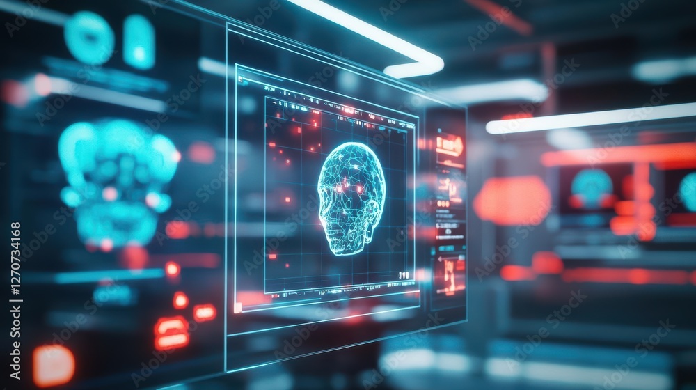 Poster detailed visualization of brain scan on computer screen showcasing intricate neural patterns and str