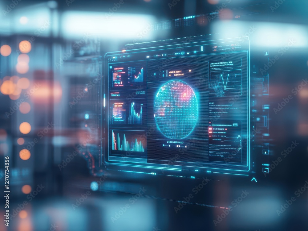  futuristic computer screen displaying advanced interface with neon colors and data visualizations in