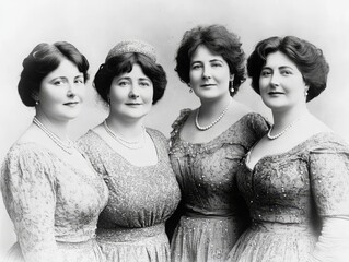 A vintage black-and-white photo of four women, each adorned in pearls and elegant lace dresses. Their similar features and hairstyles convey a timeless, classic beauty from a bygone era.