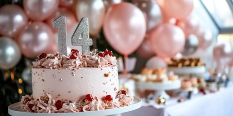 Elegant 14th birthday celebration with pink themed decorations and cake
