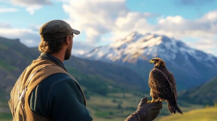 A falconer gazes at majestic mountain while holding a hawk in a serene landscape