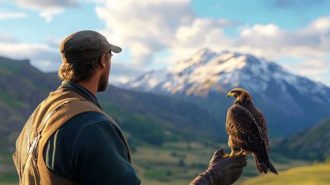 A falconer gazes at majestic mountain while holding a hawk in a serene landscape