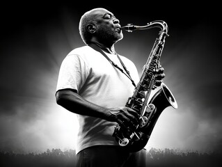 A saxophonist plays soulfully on stage, eyes closed, with intense focus. A spotlight highlights his performance, surrounded by a cheering crowd in the background, creating an emotional atmosphere.