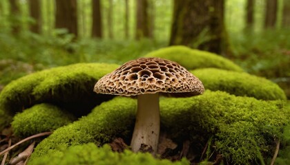 a close-up shot of a unique mushroom growing in a mossy environment, with a forest in the blurry background
