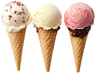 Three ice cream cones, white isolate background
