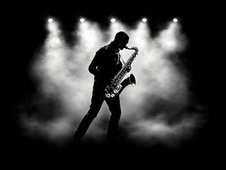 A saxophonist plays passionately on stage, his silhouette illuminated by focused lights. The surrounding smoke enhances the dramatic atmosphere as he captivates the audience with his performance.