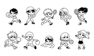 Kid national sports outline vector illustration set