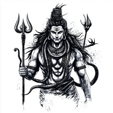 A digital painting depicts a figure believed to represent Lord Shiva, adorned with traditional jewelry and holding a trident. He stands amidst a swirling, cosmic background composed of colorful nebula