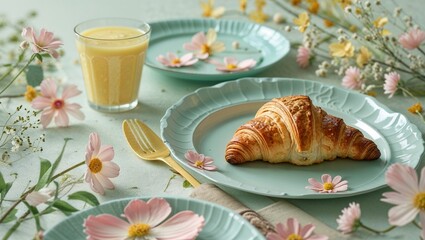 Freshly squeezed orange juice and croissant with flower petals – elegant breakfast setting