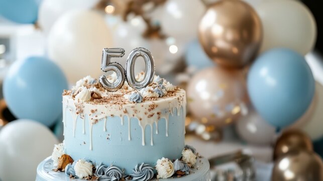 Elegant 50th birthday celebration cake with blue and gold decorations