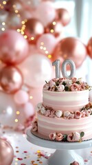 Fototapeta premium Elegant 10th birthday cake with pink roses and balloons for celebratory events