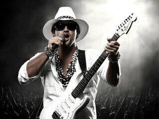 A confident musician performs on stage, holding a microphone in one hand and an electric guitar in the other. He’s dressed in white with sunglasses and a hat, with a cheering crowd in the background.