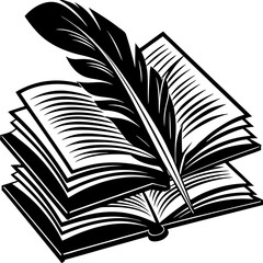 A Quill Pen Resting on an Open Book with Multiple Pages Displayed in a Black and White Illustration