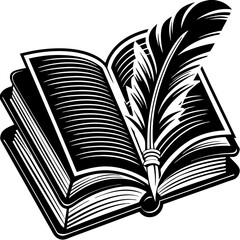 A Classic Black and White Illustration of an Open Book and Quill Pen