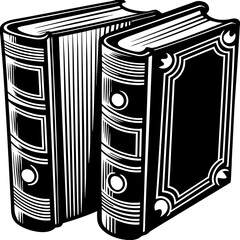 A pair of antique books with ornate designs, stacked together, classic literature, vintage library, black and white illustration, old tomes, knowledge, wisdom, reading material, historical documents