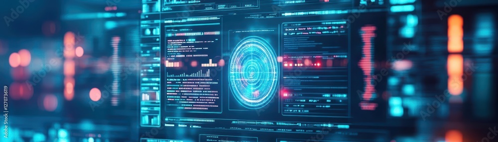 Poster futuristic computer screen displaying advanced interface with vibrant colors and intricate designs c